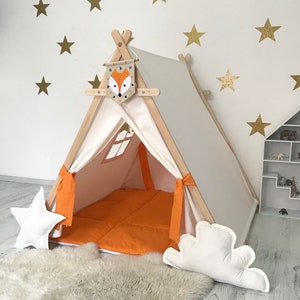 White and Orange Playhouse for Kids, Large Teepee Tent, Play Tent with Mat, Indoor and Outdoor Playhouse Kids Tent, Fox Themed Gift