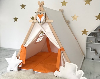 White and Orange Playhouse for Kids, Large Teepee Tent, Play Tent with Mat, Indoor and Outdoor Playhouse Kids Tent, Fox Themed Gift