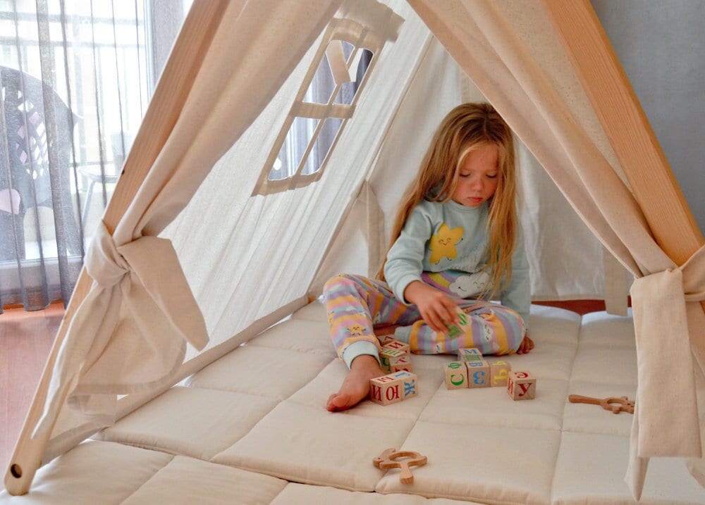 Kids Teepee Tent with Mat - Luxury Canvas Tent, Portable Montessori Playhouse, 2-3 Year Old Gift, Boho Child Tent, Creative Kid Lodge
