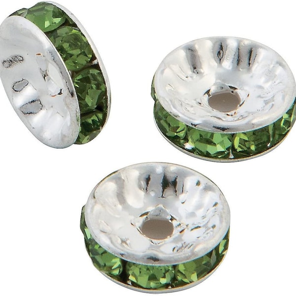 Emerald Green Rhinestone Rondelle Spacers,  8mm with a 2mm hole - Set of 12 - Jewelry Supplies