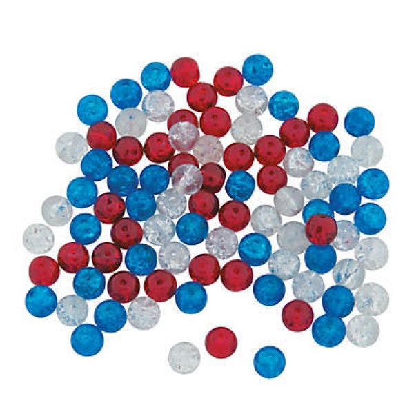 Red, White and Blue Patriotic Crushed Glass Beads Assortment - 8mm - Set of 100 - USA DIY Jewelry Making Supplies