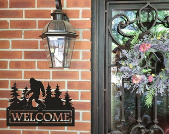 Signo de bienvenida de pie grande / Signo de Sasquatch / Yeti de nieve / Arte del patio / Signo de metal /