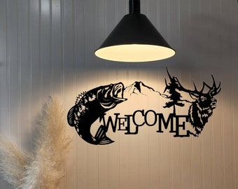 Señal de bienvenida de metal, señal de pesca, señal de metal de alce, señal de metal, señal al aire libre