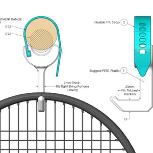 Puede incluir: Un soporte para raqueta de tenis de color azul turquesa con una correa flexible y una base de pl&aacute;stico resistente. El soporte est&aacute; dise&ntilde;ado para adaptarse a raquetas con un grosor m&aacute;ximo de 23 mm y un patr&oacute;n de encordado de 18x20.
