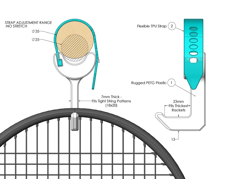 Puede incluir: Un soporte para raqueta de tenis de color azul turquesa con una correa flexible y una base de pl&aacute;stico resistente. El soporte est&aacute; dise&ntilde;ado para adaptarse a raquetas con un grosor m&aacute;ximo de 23 mm y un patr&oacute;n de encordado de 18x20.