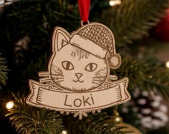 Personalised Cat Christmas Ornament – UV Laser-Engraved Wooden Bauble, 85mm with Red Ribbon, UK Made
