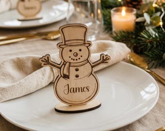 Personalised Wooden Snowman Place Cards for Christmas Dinner