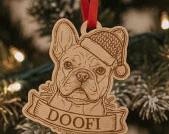 Personalised Dog Christmas Ornament: Laser-Engraved Wooden Pet Bauble with Red Ribbon