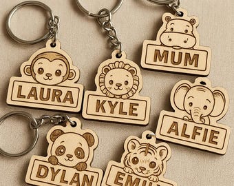 Personalised Animal Keyring – Family Stocking Filler – Custom Name Bag Charm – Wooden Gift for Kids