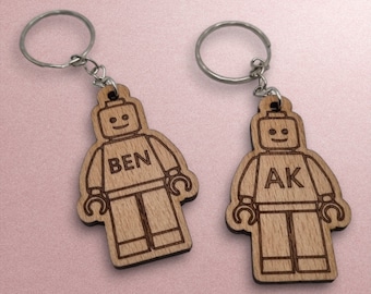 Personalised Brick Man Keyring: Laser Engraved Wooden Mini Figure