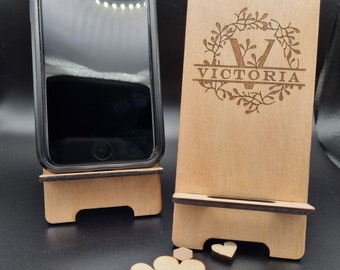 Personalized Wood Phone Stand, Laser Engraved, Named Stand