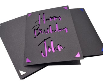 Personalised Birthday Card for Men, Laser Cut Greeting Cards | Happy Birthday Name Card | Customise Your Colour  |  Modern Mirror Finish