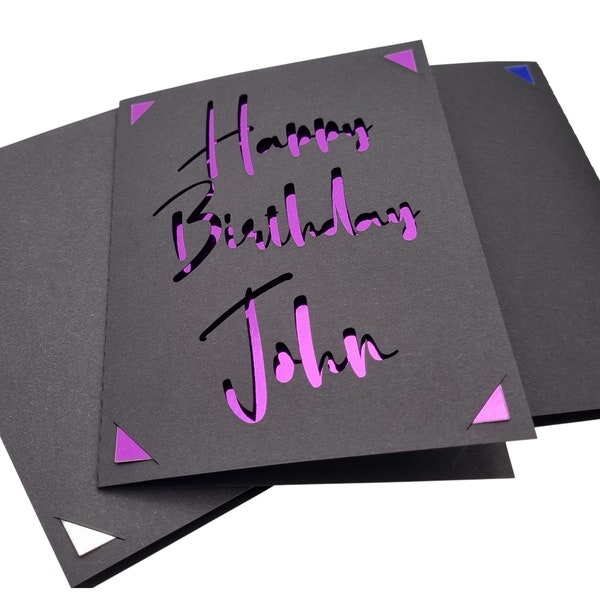 Personalised Birthday Card for Men, Laser Cut Greeting Cards | Happy Birthday Name Card | Customise Your Colour  |  Modern Mirror Finish