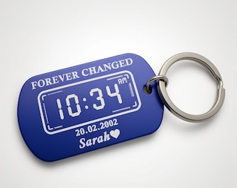 Personalised New Dad Keyring, Date & Time Metal Keychain, Forever Changed, New Daddy Gift