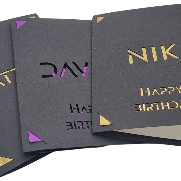 Personalised Birthday Card for Men, Laser Cut Greeting Cards | Happy Birthday Name Card | Customise Colour  |  Modern Mirror Finish