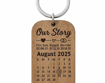 Personalised Anniversary Keyring: Walnut Couples Calendar - 'Our Story'