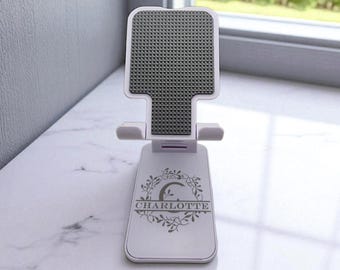 Personalised Phone Stand: Laser Engraved Desk Holder, Adjustable & Foldable Mobile Stand