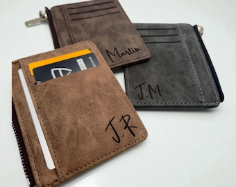 Slim Wallet, Minimalist Card Wallet, Engraved Vegan Leather Wallet with Coin Pocket, Personalised