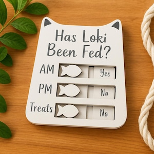 May include: A white cat-shaped feeding tracker with the text "Has Loki Been Fed?" and sliders for AM, PM, and Treats. Each slider has a fish-shaped marker and options for Yes or No. The tracker is on a wooden surface.