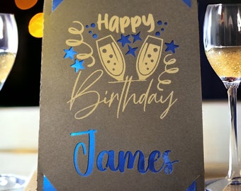 Luxury Birthday Card  – Champagne Theme – Modern Cut Out Mirror Finish