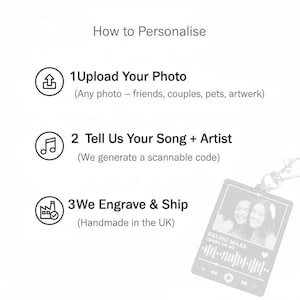 Puede incluir: Imagen que muestra c&oacute;mo personalizar un llavero. Los pasos incluyen subir una foto, proporcionar detalles de la canci&oacute;n y grabar. El llavero presenta una foto, el t&iacute;tulo de la canci&oacute;n y un c&oacute;digo escaneable.