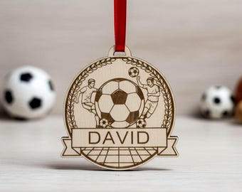 Personalised Football Christmas Ornament – UV Laser-Engraved Wooden Bauble, 85mm with Red Ribbon, UK Made