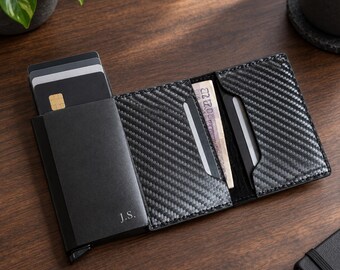 Personalised Men's Pop-Up Wallet, Carbon Fibre Effect Card & Cash Holder