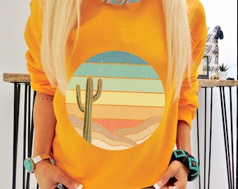 Retro Desert Sweatshirt  |  Desert Sunset Sweatshirt  |  Retro look Desert Sweater  |  Cactus and Desert Landscape Graphics