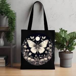 Dark Fairycore Moth Bag  |  Whimsigoth Tote, Dark Academia, Moon and Moths Cottagecore Bag
