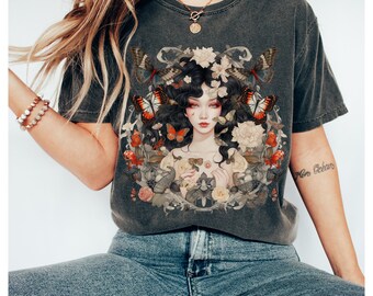 Asiatisches Blumen Shirt | Whimsigoth T-Shirt, Schmetterling Shirt, Gothic Deco TShirt