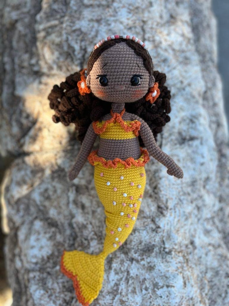 Crochet Mermaid Doll, Afro-American Curly Crochet Doll, Crochet Black Doll, Dark Skin Amigurumi Toy, Doll For Sale, Cute Gift For Girl image 6