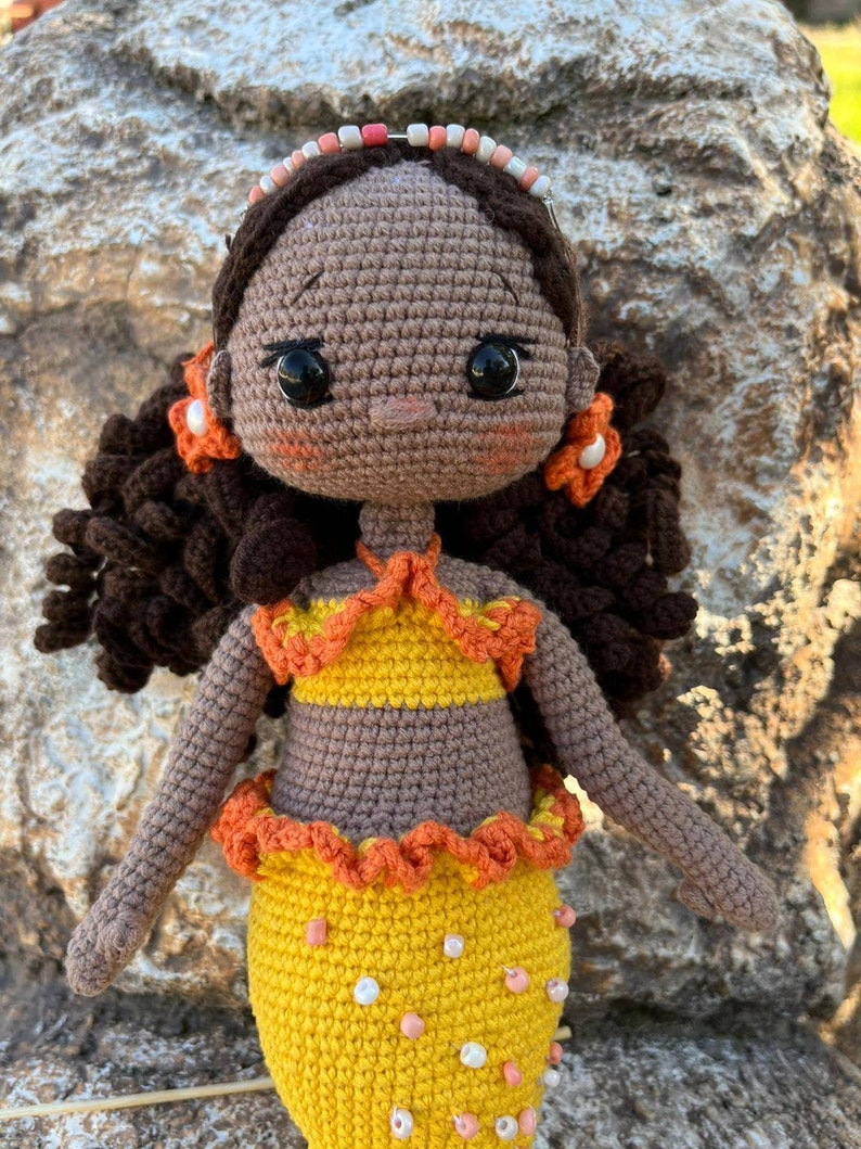 Crochet Mermaid Doll, Afro-American Curly Crochet Doll, Crochet Black Doll, Dark Skin Amigurumi Toy, Doll For Sale, Cute Gift For Girl image 10