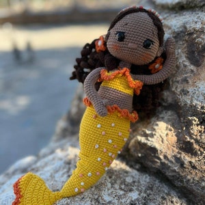 Crochet Mermaid Doll, Afro-American Curly Crochet Doll, Crochet Black Doll, Dark Skin Amigurumi Toy, Doll For Sale, Cute Gift For Girl image 9