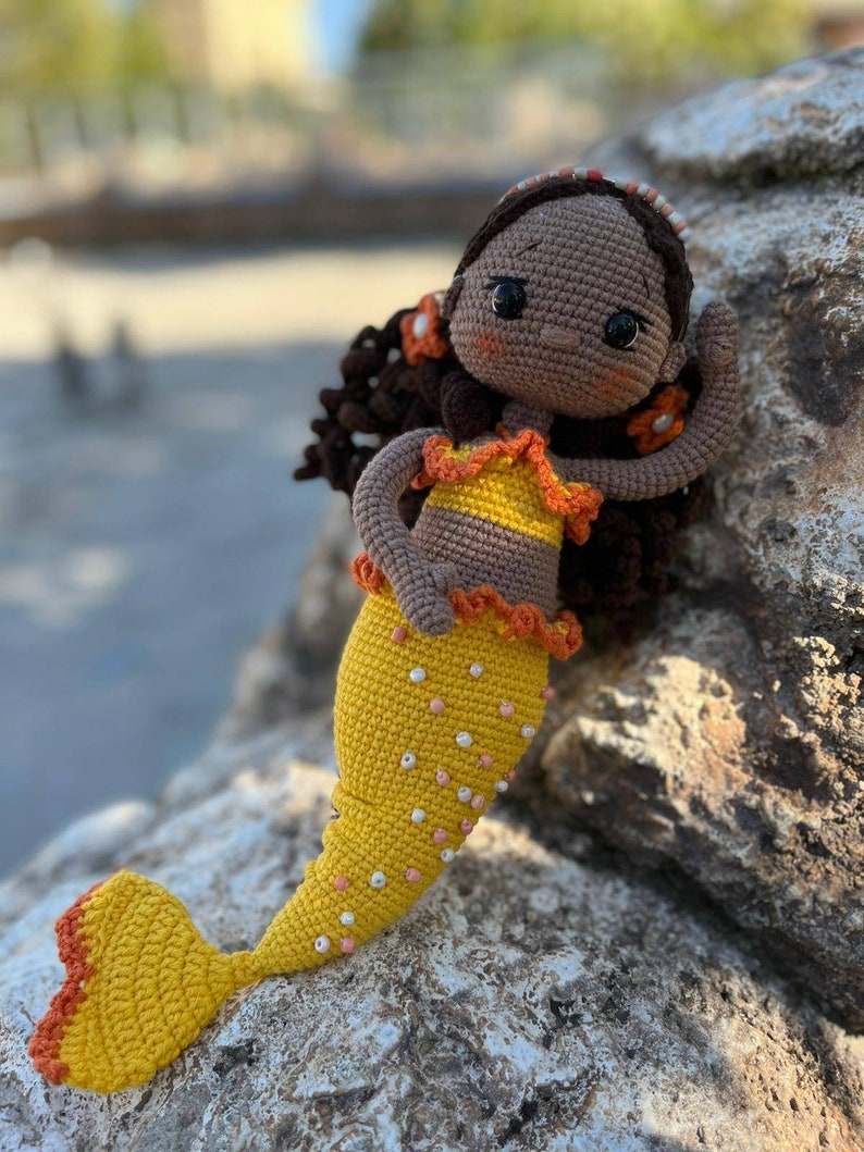 Crochet Mermaid Doll, Afro-American Curly Crochet Doll, Crochet Black Doll, Dark Skin Amigurumi Toy, Doll For Sale, Cute Gift For Girl image 9
