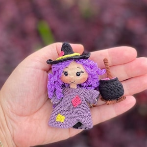 Amigurumi Miniature Tiny Witch Sugar Doll, Witch's Cauldron, Handmade Knitted, Crochet Doll  (7cm), Hallowen Gift