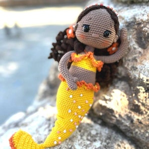Crochet Mermaid Doll, Afro-American Curly Crochet Doll, Crochet Black Doll, Dark Skin Amigurumi Toy, Doll For Sale, Cute Gift For Girl image 1