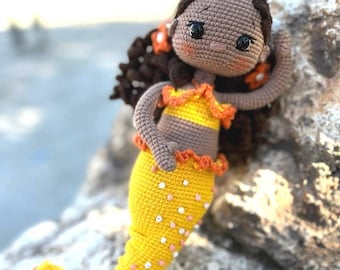 Crochet Mermaid Doll, Afro-American Curly Crochet Doll, Crochet Black Doll, Dark Skin Amigurumi Toy, Doll For Sale, Cute Gift For Girl