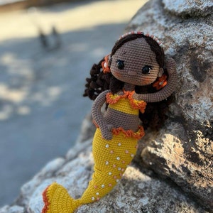 Crochet Mermaid Doll, Afro-American Curly Crochet Doll, Crochet Black Doll, Dark Skin Amigurumi Toy, Doll For Sale, Cute Gift For Girl image 2