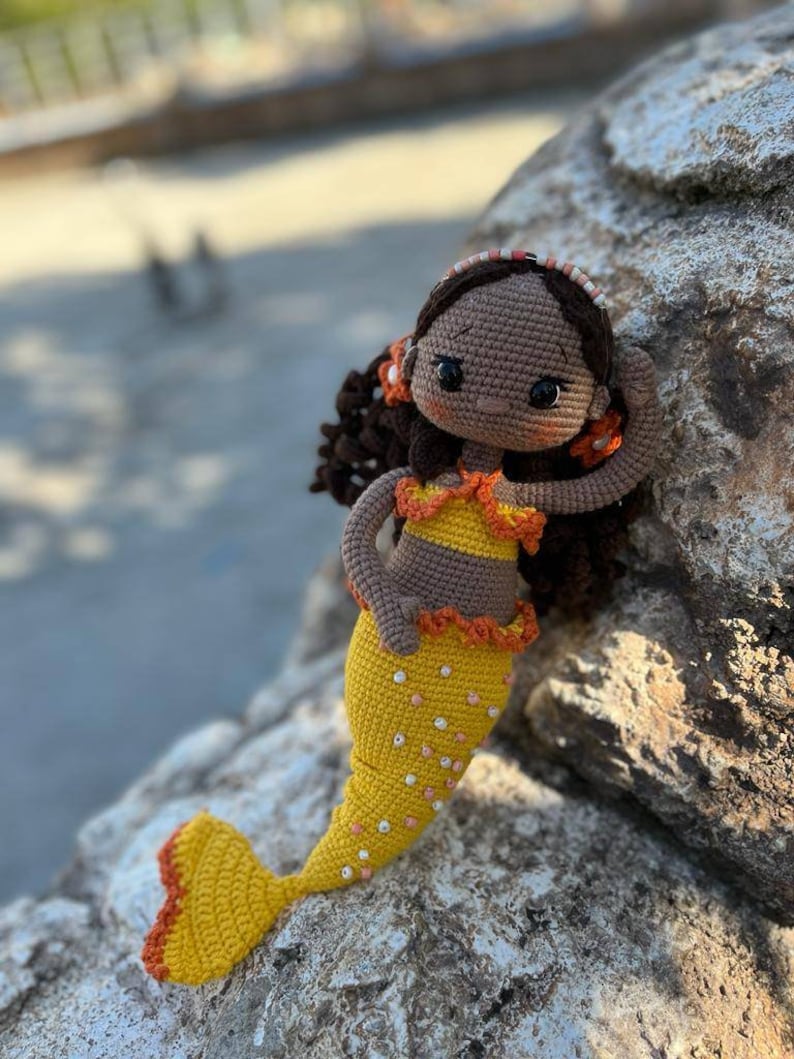 Crochet Mermaid Doll, Afro-American Curly Crochet Doll, Crochet Black Doll, Dark Skin Amigurumi Toy, Doll For Sale, Cute Gift For Girl image 2