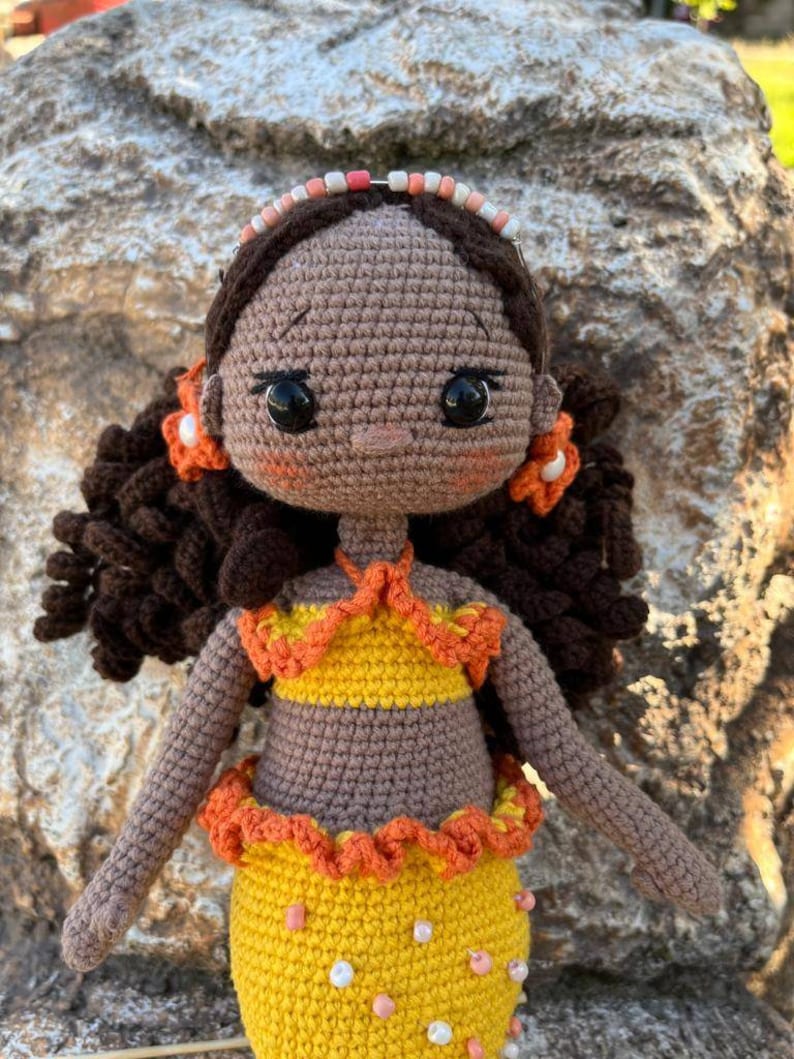 Crochet Mermaid Doll, Afro-American Curly Crochet Doll, Crochet Black Doll, Dark Skin Amigurumi Toy, Doll For Sale, Cute Gift For Girl image 4