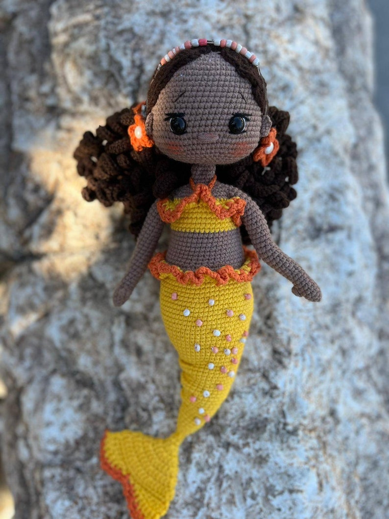 Crochet Mermaid Doll, Afro-American Curly Crochet Doll, Crochet Black Doll, Dark Skin Amigurumi Toy, Doll For Sale, Cute Gift For Girl image 8