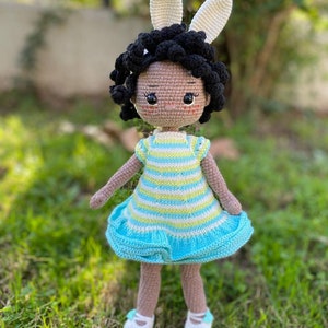 Crochet Rabbit Ears Brown Doll for Sale, Dark Skin African American Doll, Amigurumi Doll Fınıshed, Crochet Dolls Easter For Baby Girl