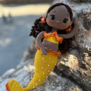 Crochet Mermaid Doll, Afro-American Curly Crochet Doll, Crochet Black Doll, Dark Skin Amigurumi Toy, Doll For Sale, Cute Gift For Girl image 3