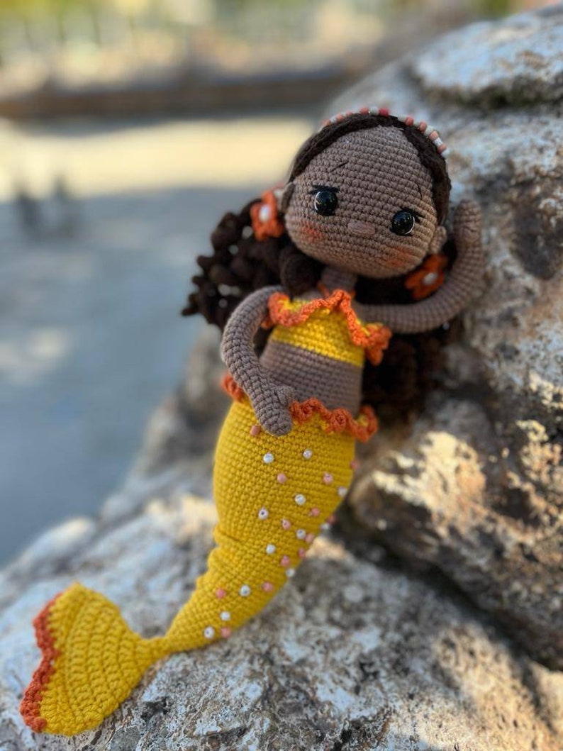 Crochet Mermaid Doll, Afro-American Curly Crochet Doll, Crochet Black Doll, Dark Skin Amigurumi Toy, Doll For Sale, Cute Gift For Girl image 3