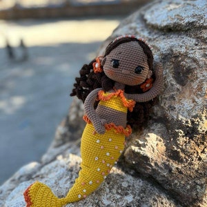 Crochet Mermaid Doll, Afro-American Curly Crochet Doll, Crochet Black Doll, Dark Skin Amigurumi Toy, Doll For Sale, Cute Gift For Girl image 7