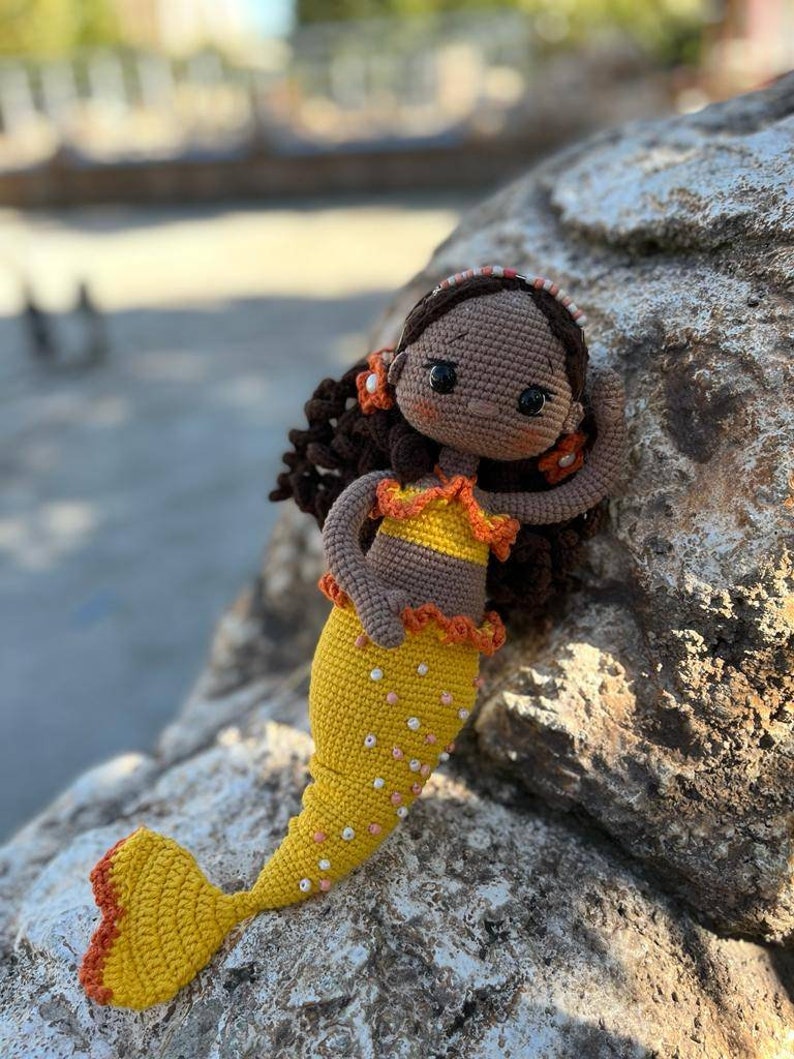 Crochet Mermaid Doll, Afro-American Curly Crochet Doll, Crochet Black Doll, Dark Skin Amigurumi Toy, Doll For Sale, Cute Gift For Girl image 7