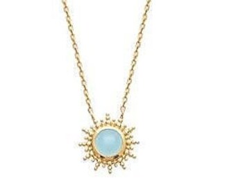 18K Gold Plated Necklace, Topped With A Round Crimped Blue Agate Stone, Gemstone Jewelry