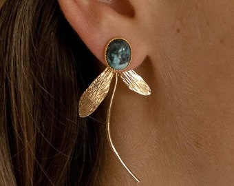 Gold-plated dragonfly earrings and gemstone chips, original earrings, women's gift