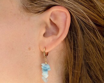 Amazonite Earrings, Aesthetic Earrings, Golden Earrings With Fine Gold Sky Blue Amazonite Stones, Gemstone Earrings