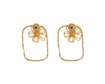 Large rectangular 24 carat gold plated earrings, with 18 carat gold plated chips and flowers.